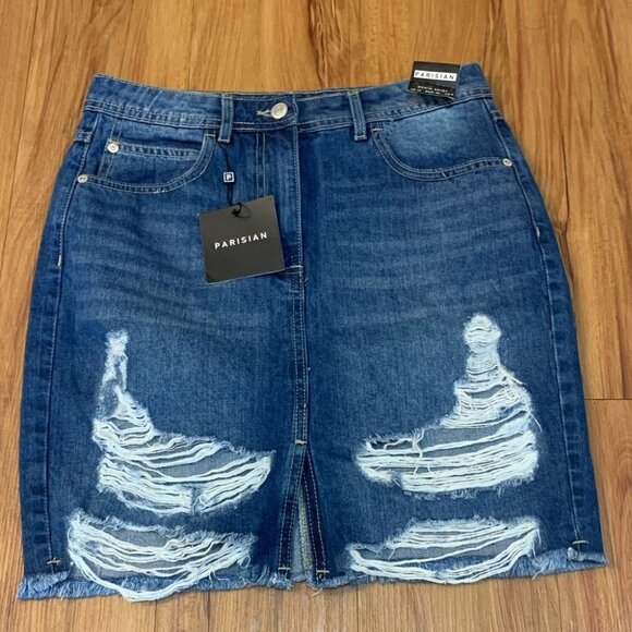 Parisian Midi Distressed Jean Denim Raw Hem Skirt - Picture 4 of 12